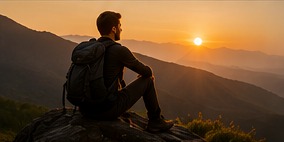 Person watching sunrise over mountain landscape