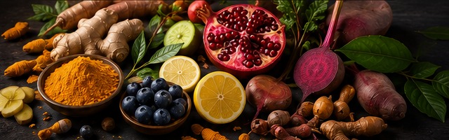 Turmeric, ginger, pomegranate, lemon, blueberries, and botanicals