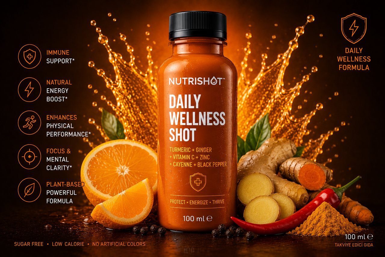 Nutrishot Daily Wellness Shot bottle with citrus, ginger, turmeric, and chili